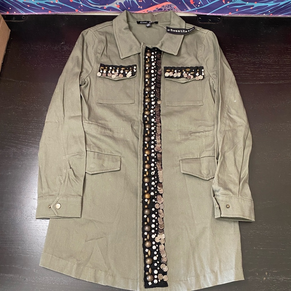 Sweet Rain Olive Green Utility Jacket with Stud Accent